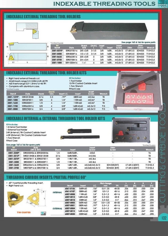 SER0625K16 EXTERNAL INDEXABLE THREADING TOOL HOLDER (2301-0625)