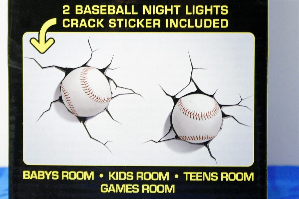3DlightFX TWO BASEBALLS LED Night Lights w/ 'smashed' wall decals w/ remote NEW!