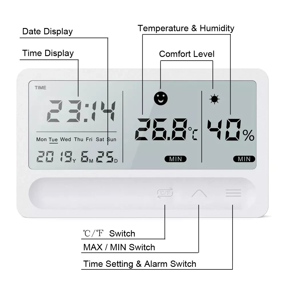 Multi-Function Digital Indoor Hygrometer Thermometer with Date/Time/Alarm/Clock