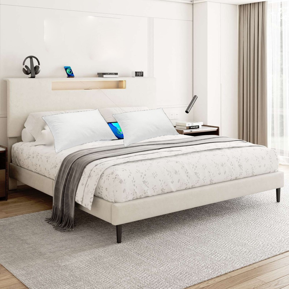 Upholstered Platform Bed Large Size Frame With LED Light And Charging Function