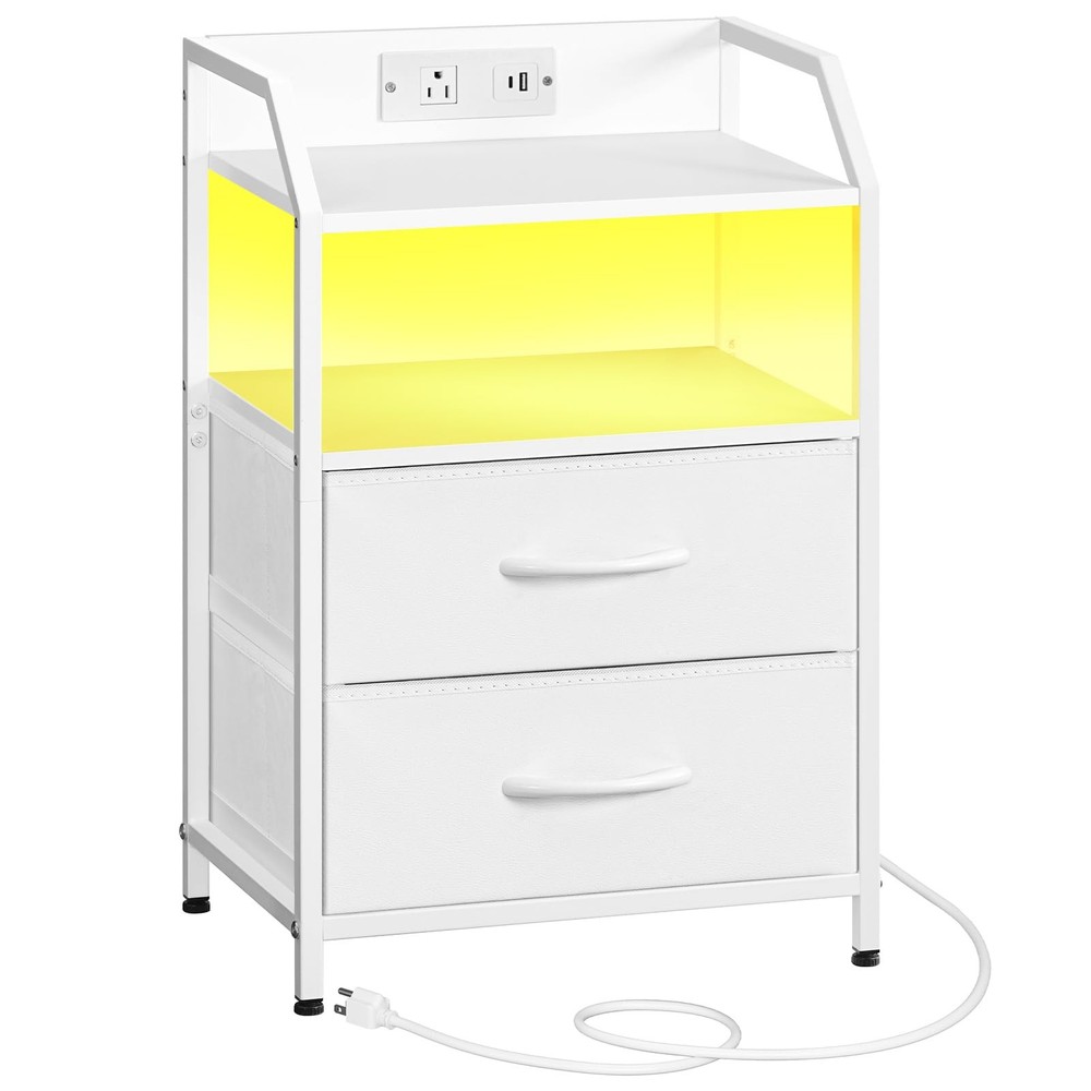 Nightstand with Charging Station, Bedside Table with Adjustable Fabric Drawer...