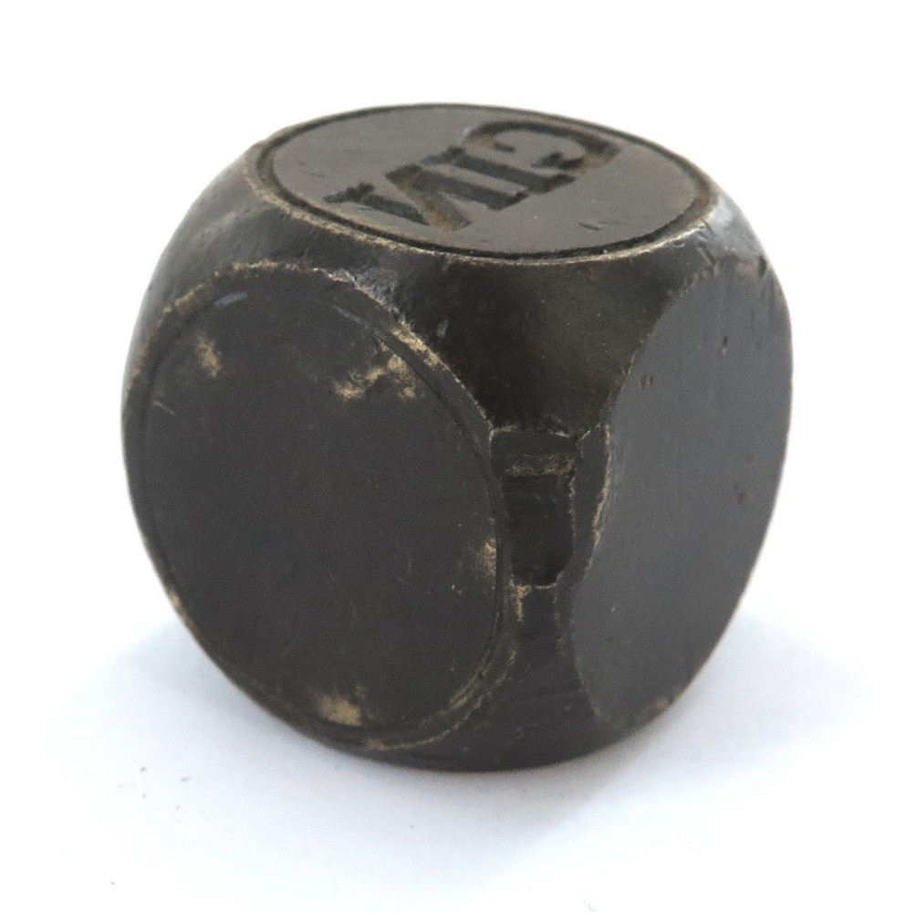 Antique / Very Unusual / Large Solid Metal Reversed Backwards "RUM & GIN" Dice