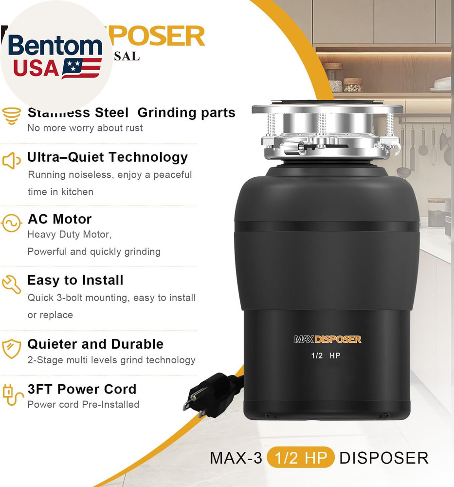 Garbage Disposal 1/2 HP Easy Install Quiet with Stopper Power Cord, Kitchen Sink