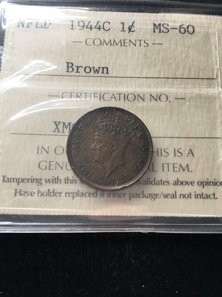 1944c, ICCS Graded Newfoundland, Small One Cent, **MS-60**