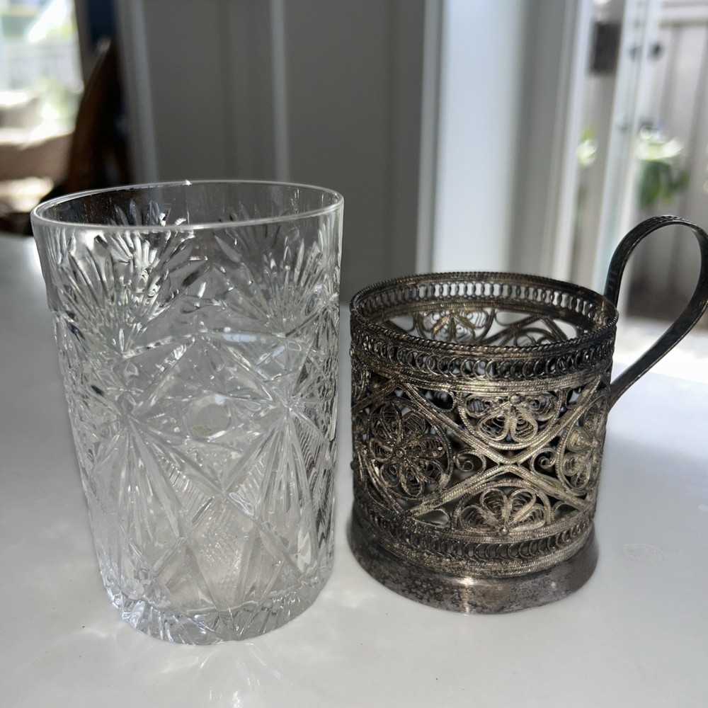 Russian crystal tea cup with silver