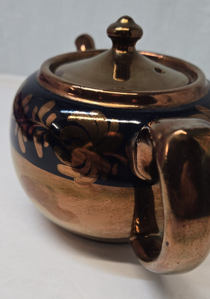 Copper Luster Teapot Blue Swirl Design Red Ware