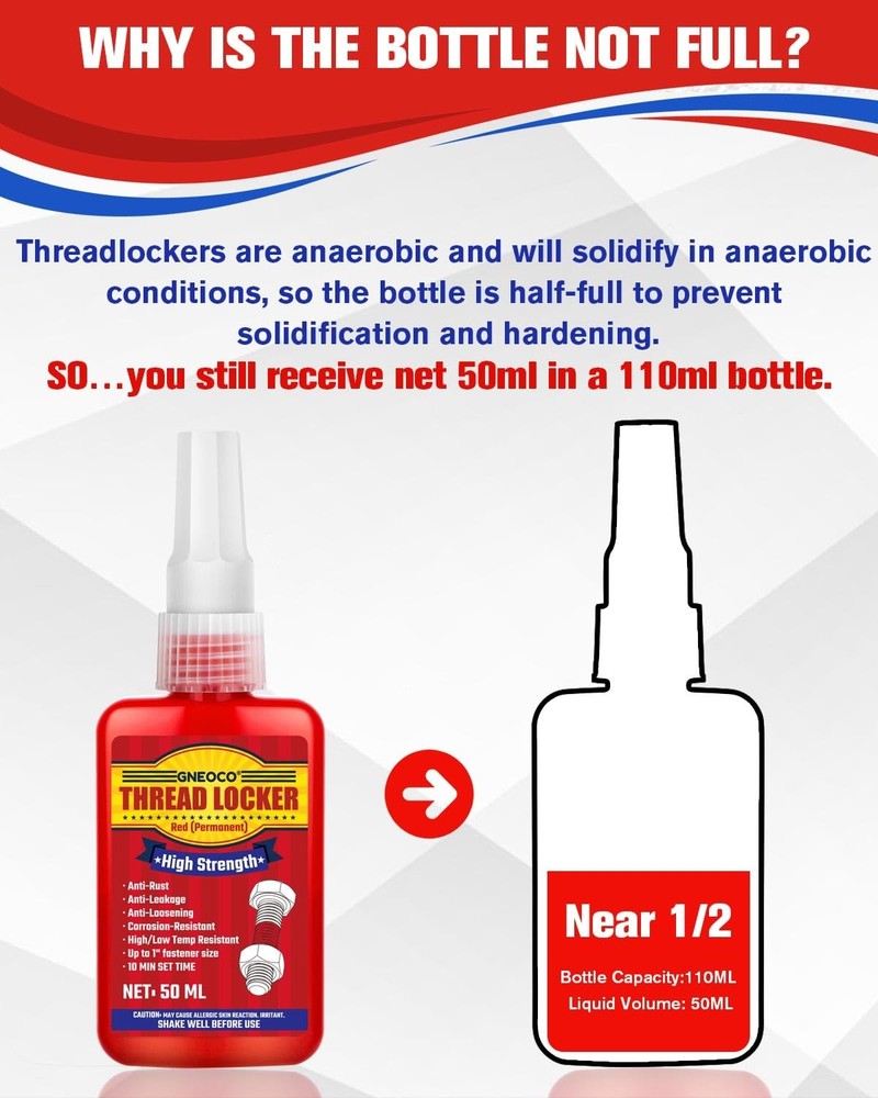 Thread Lock Red 1.69 Fl oz/50 ml, Threadlocker High Strength, Thread Locker ...