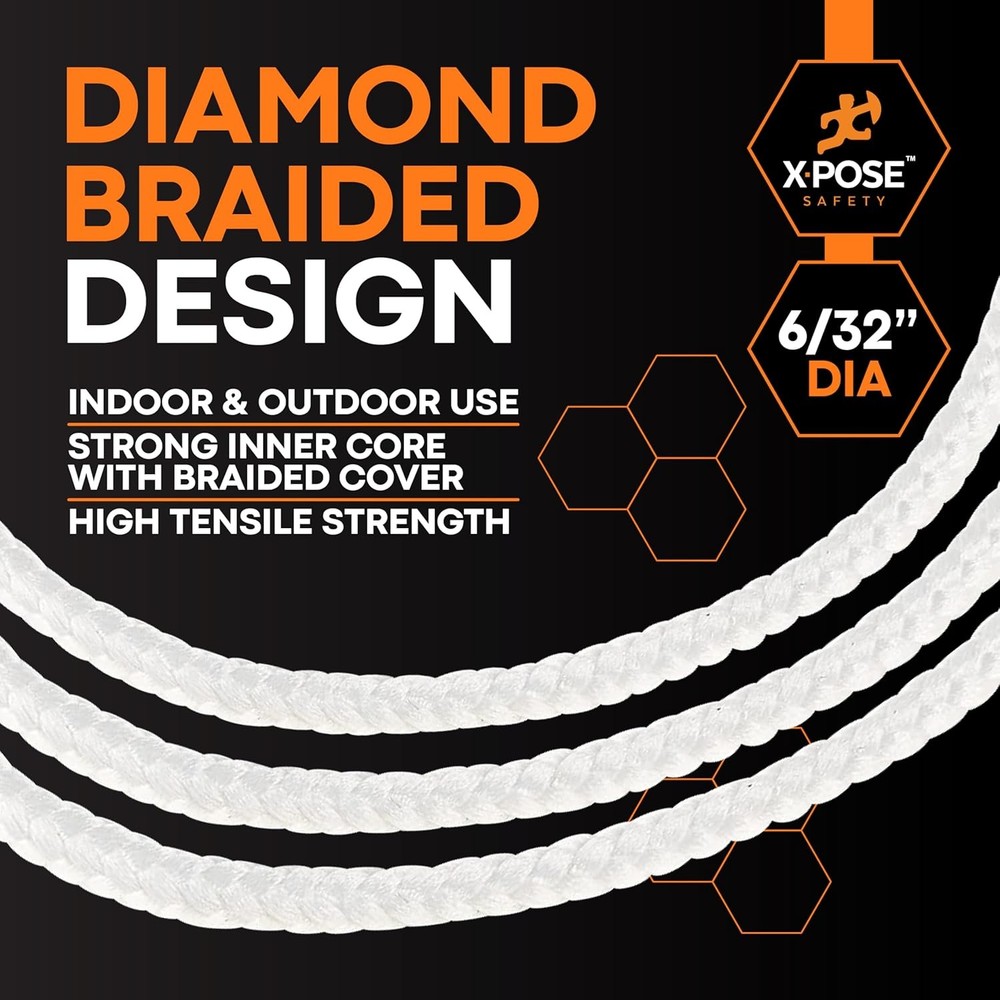 Diamond Braided Clothesline Rope – 6/32" x 100 ft – Durable Polypropylene, He...