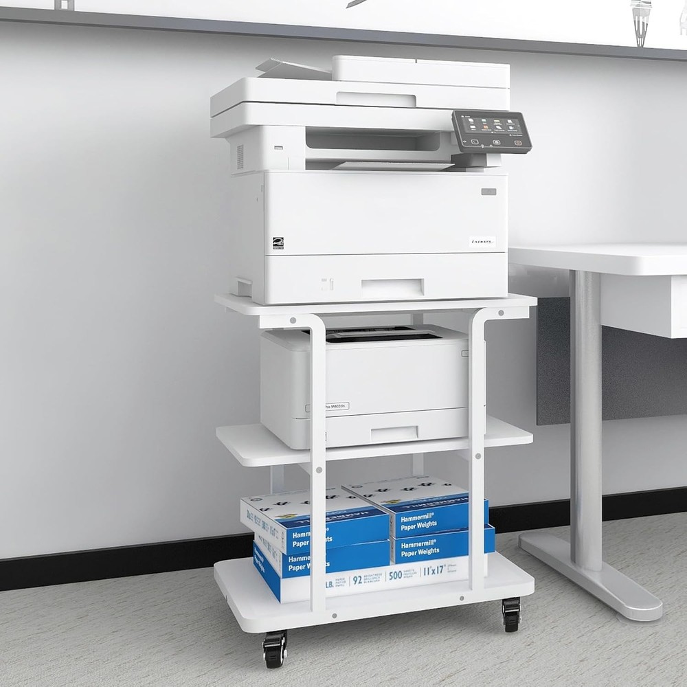 White Printer Stand 3 Tier Rolling with Wheels