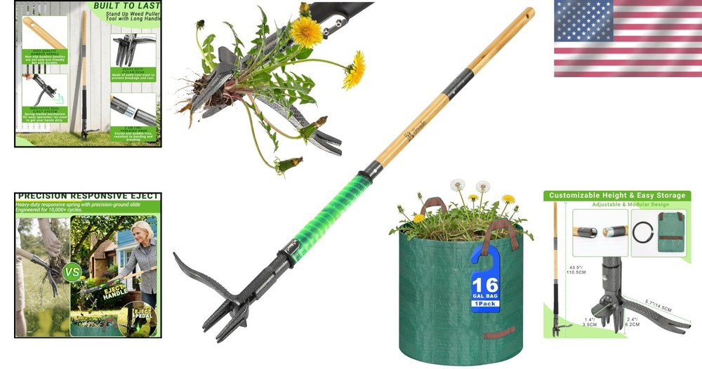 Complete Weeding Kit: Heavy-Duty Bamboo Puller & 16-Gallon Leaf Collection Bag