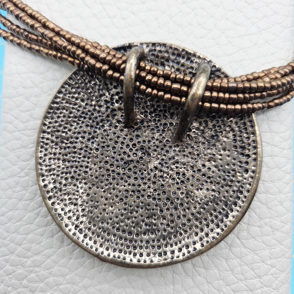 Multi Strand Copper Bead Necklace Round Medallion Pendant Statement Boho