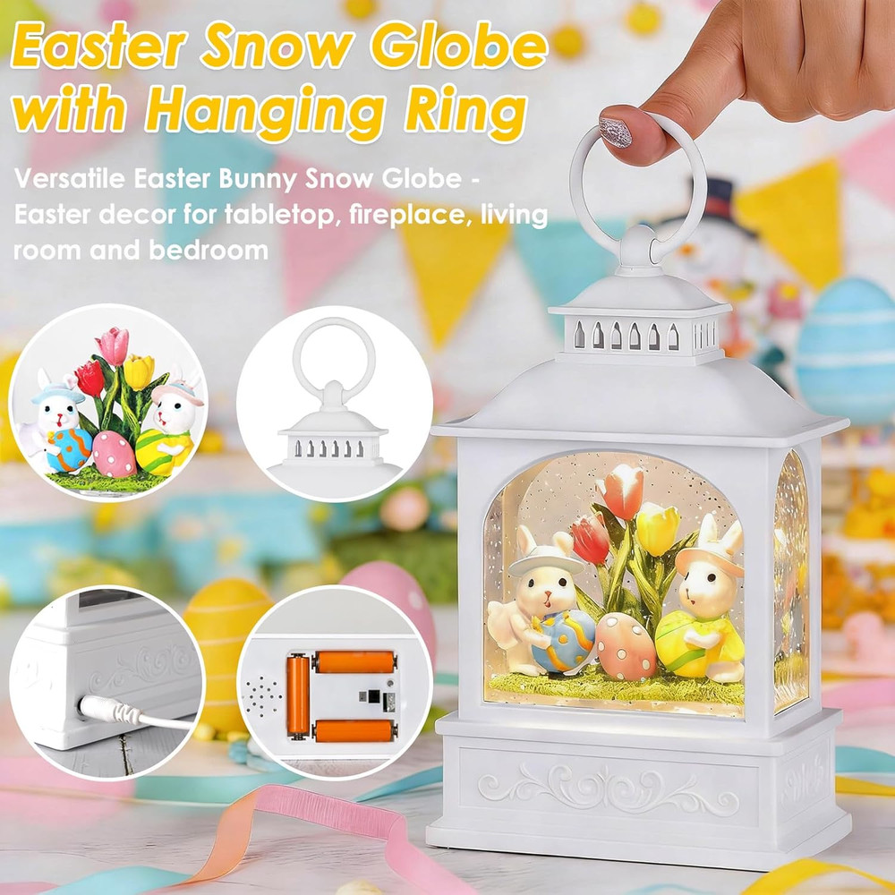 Easter Bunny Snow Globe, Easter Eggs Spring Snow Globe 6H Timer Glitter Lantern
