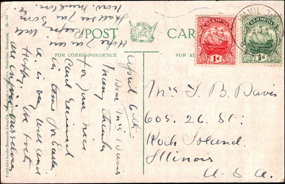 Bermuda Early Ships Postcard 1d & ½d to USA