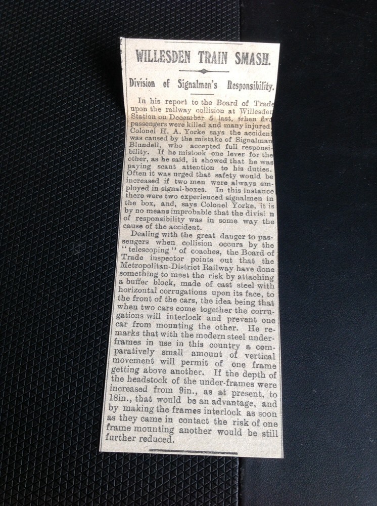 M1-6 ephemera 1911 Article Willesden Train Smash Report