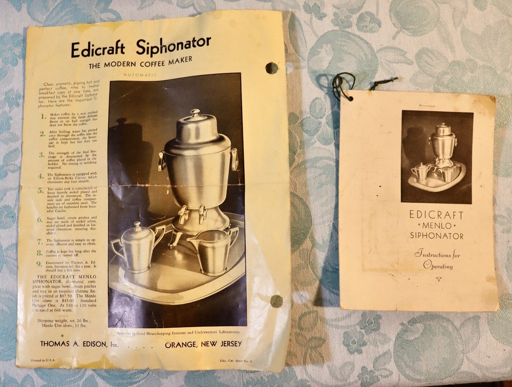 1930's EDICRAFT "MENLO" SIPHONATOR = THE MODERN COFFEE MAKER = THOMAS EDISON