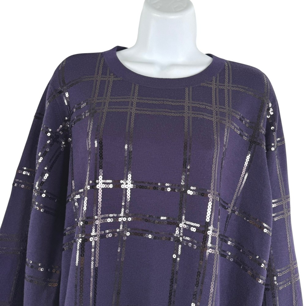 Chico's Pullover Sweater Size 3 Sequins Plaid Midnight Violet NWT TP-3869