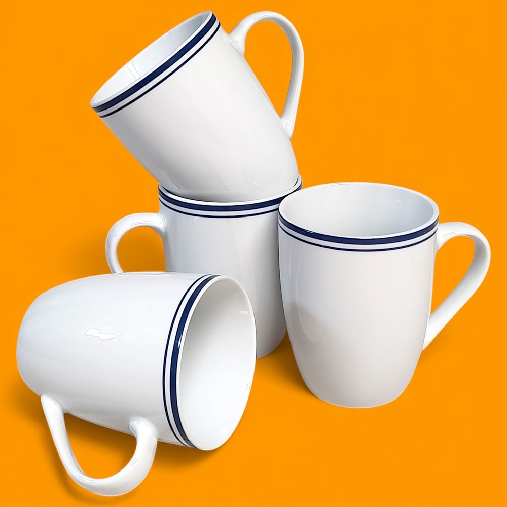 4pc Set Amazon Basics Cafe Stripe Blue / White Coffee Cups/ Mugs 4"