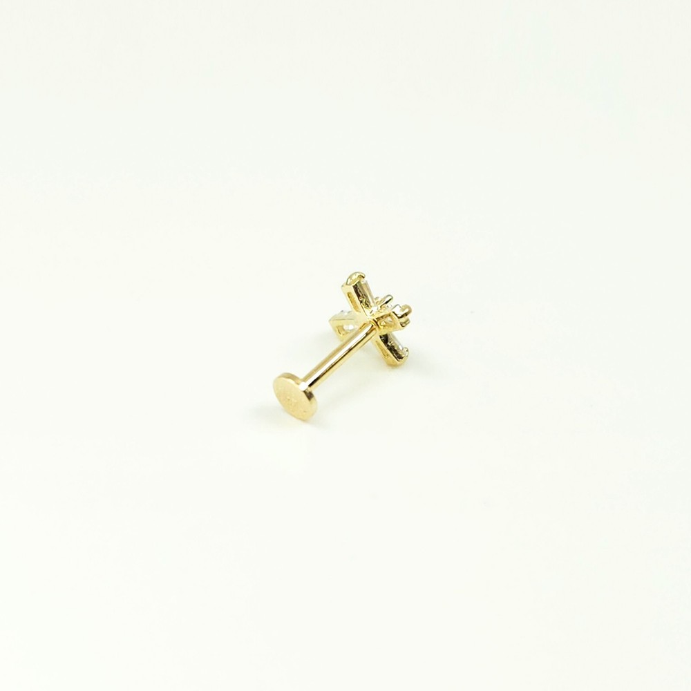 14K Solid Gold Tiny Cross Internally Threaded Labret Stud Earring(18Gauge)