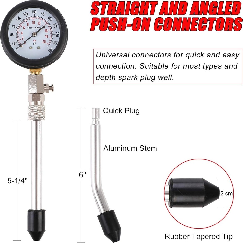Professional Engine Compression Tester Gauge Kit with Universal Adapters - 9PCS