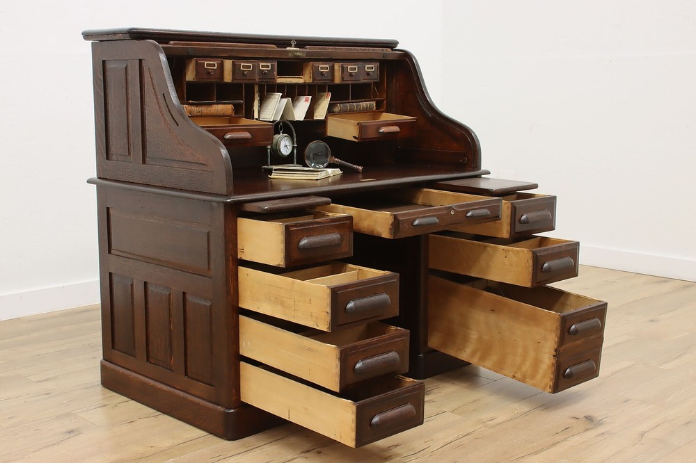 Victorian Antique Oak Roll Top Office Library Desk, Maple #55823