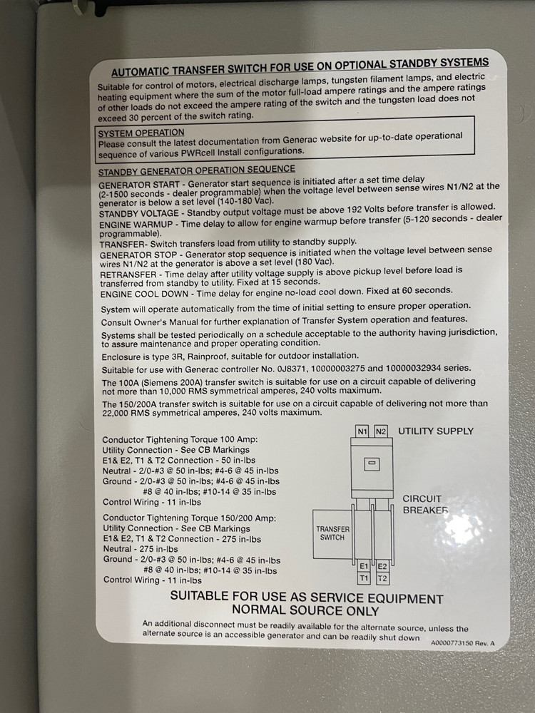 Generac CXSW200A3 200 Amp Automatic Transfer Switch