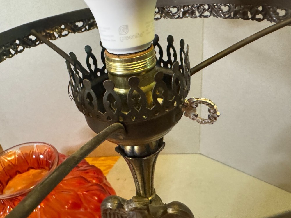 Vtg MCM Mid Century Ruby Glass Shade Brass American Eagle Table Desk Lamp