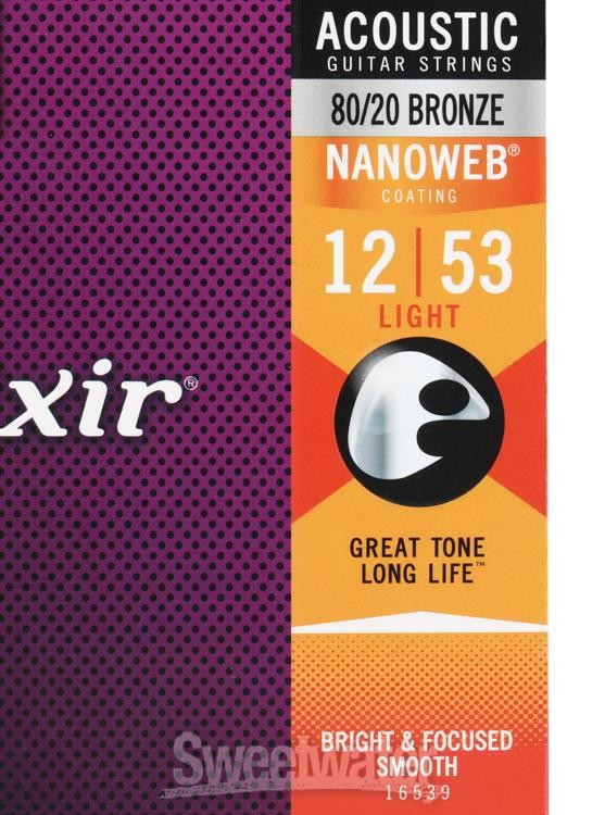 Elixir Strings 16539 Nanoweb 80/20 Acoustic Guitar Strings - .012-.053 Light