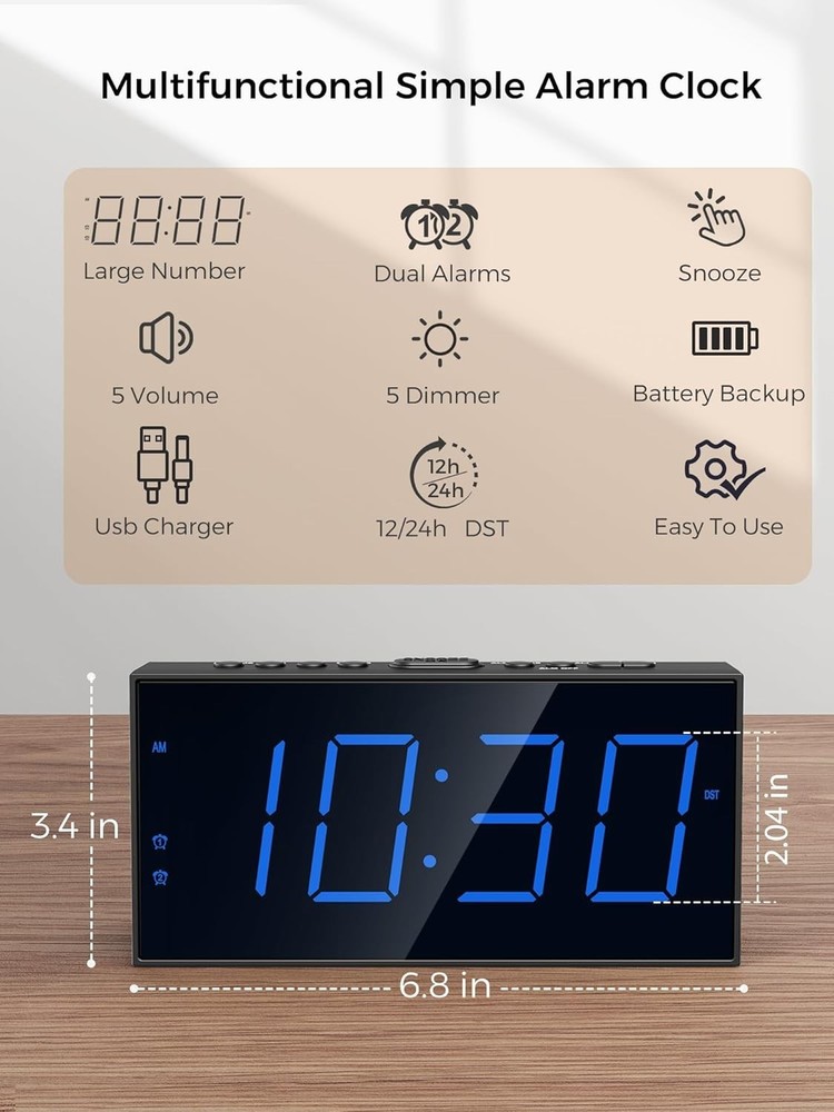Stylish Tabletop Alarm Clock with Adjustable Volume, USB Charging & Dimmer