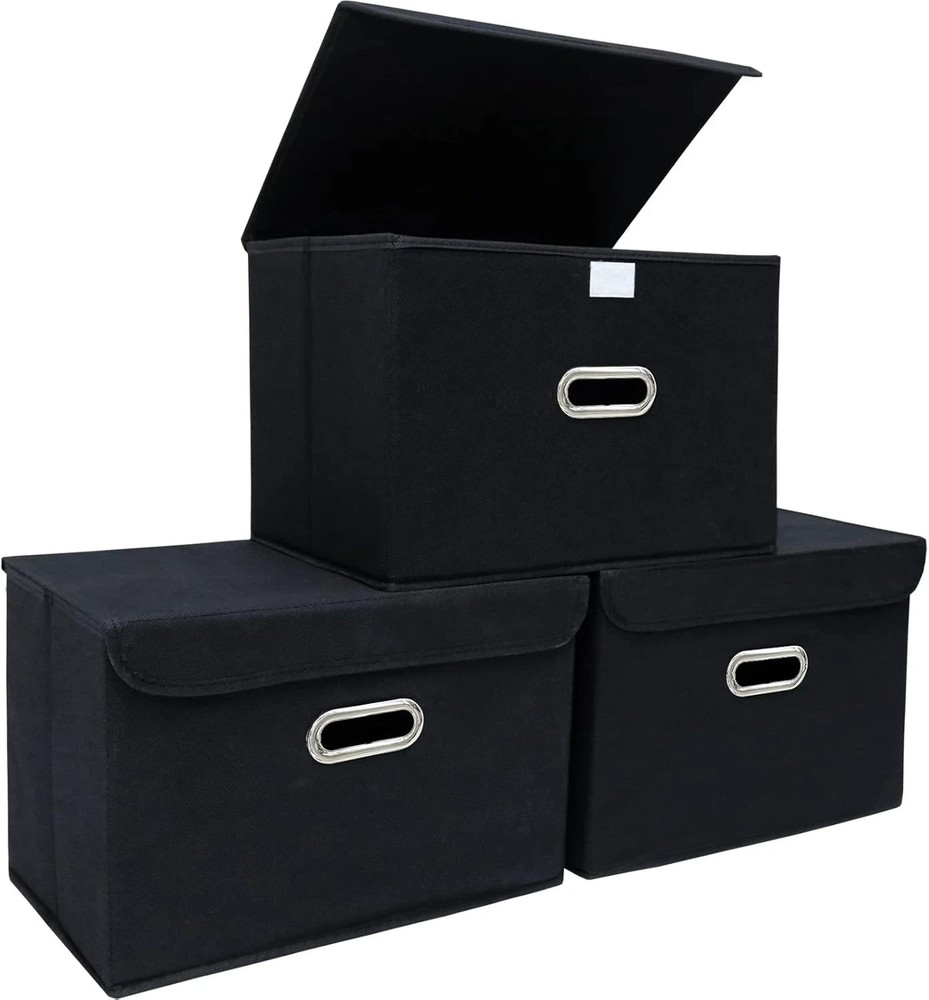 Fabric Storage Bins 3 Pack Foldable Organizer Boxes with Lids Black Closet