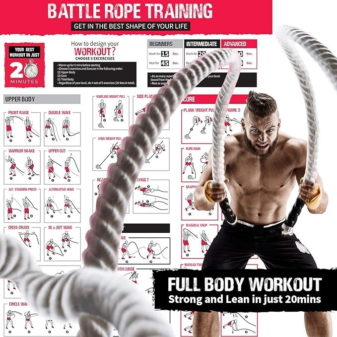 Pro Battle Ropes with Anchor Strap Kit and Exercise Poster Strength Training