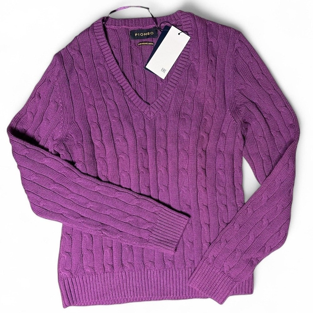 Piombo Purple Cable Knit V-Neck Pullover Sweater size Large