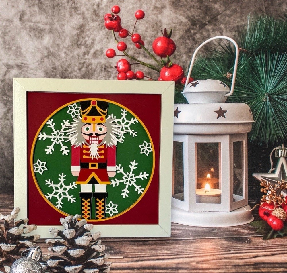 3D Layered Card Stock Framed Christmas Nutcracker Shadowbox