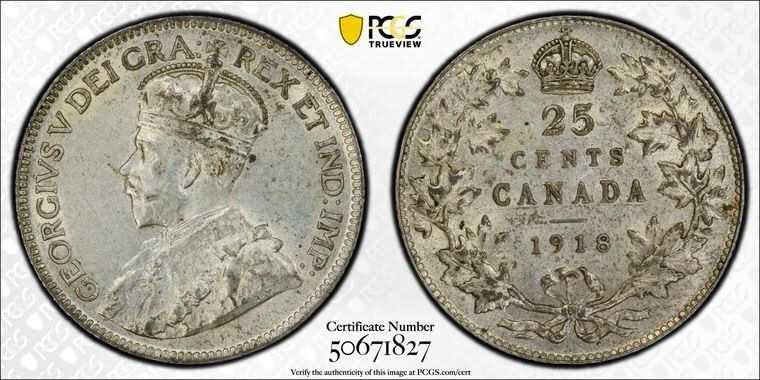 1918 25C PCGS Au55 Canada