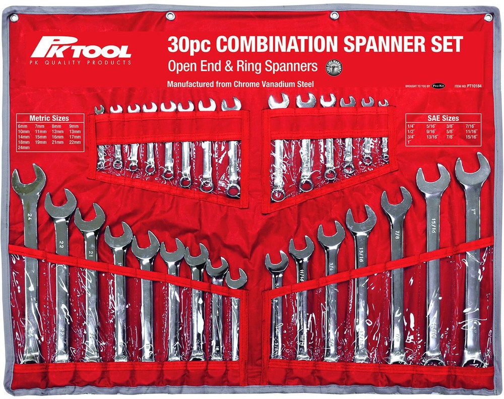 PT10184 - PkTool - 30pc METRIC & SAE Cr-V COMBINATION SPANNER SET