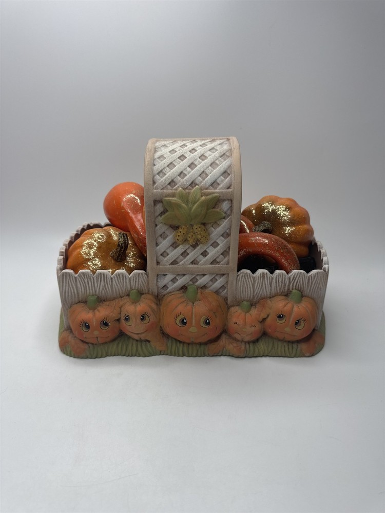 VTG Ceramic Pumpkin Basket Planter Candy Holder Halloween Fall Decor