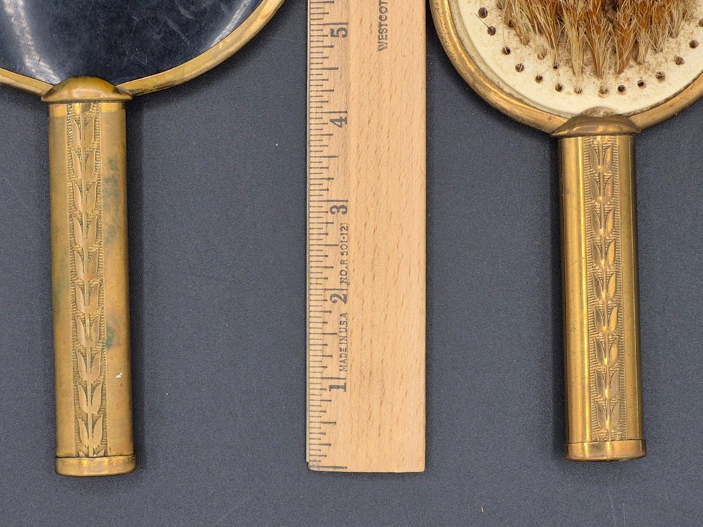 Vintage 2 Pc Brass Handled Vanity Set, Brush & Hand Mirror