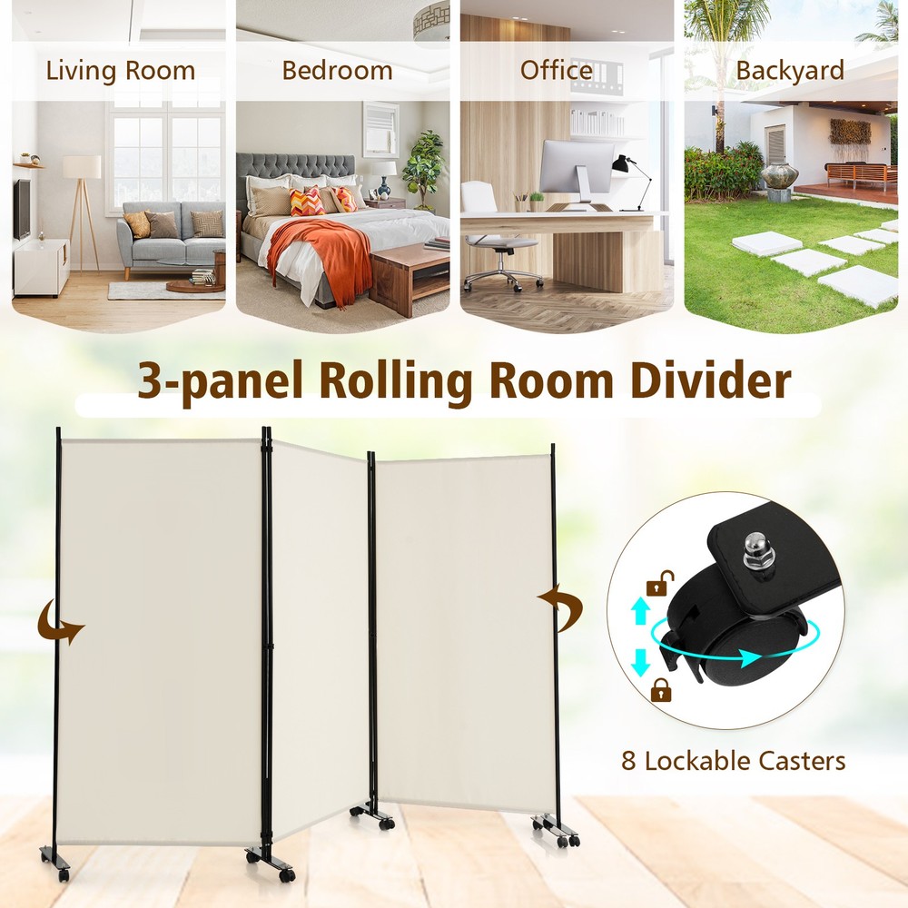3-Panel Folding Room Divider 6' Rolling Privacy Screen w/Lockable Wheels White