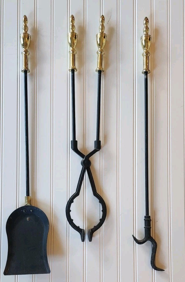 Victorian 19th Century Brass Wrought Iron Fireside Tool Set