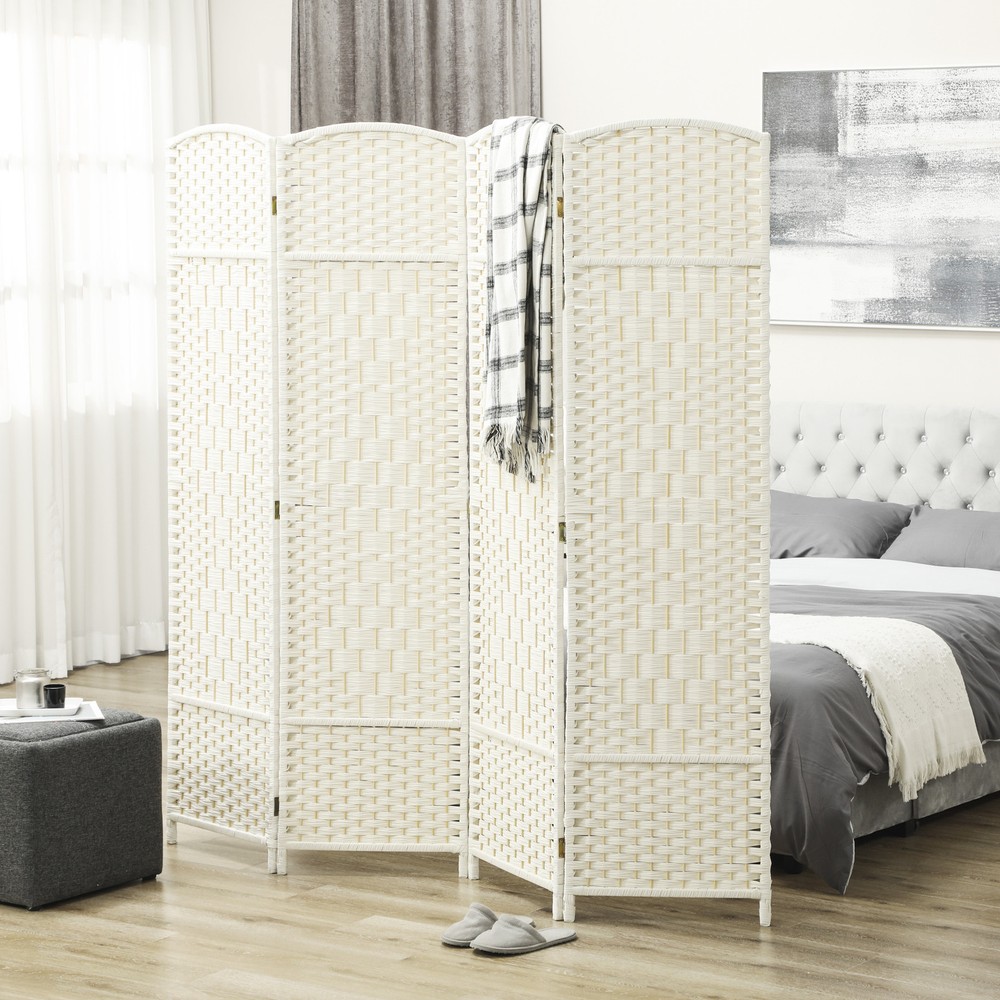 4 Panel Room Divider Hand-Woven Freestanding Partition, White