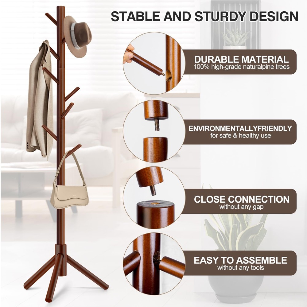Coat Rack, Freestanding Coat Rack with 8 Hooks and 3 Adjustable Size Tree Coa...