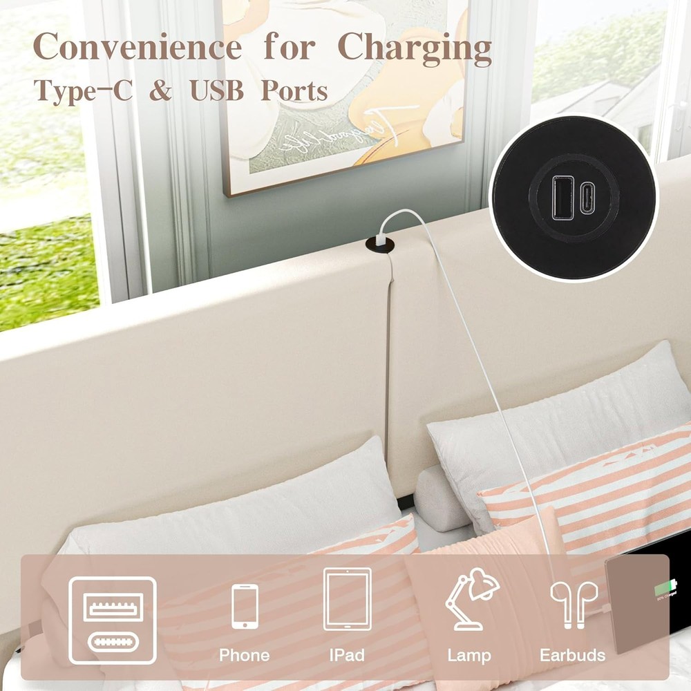 Full Bed Frame with Type-C & USB Ports, Upholstered Platform Height-Adjustble