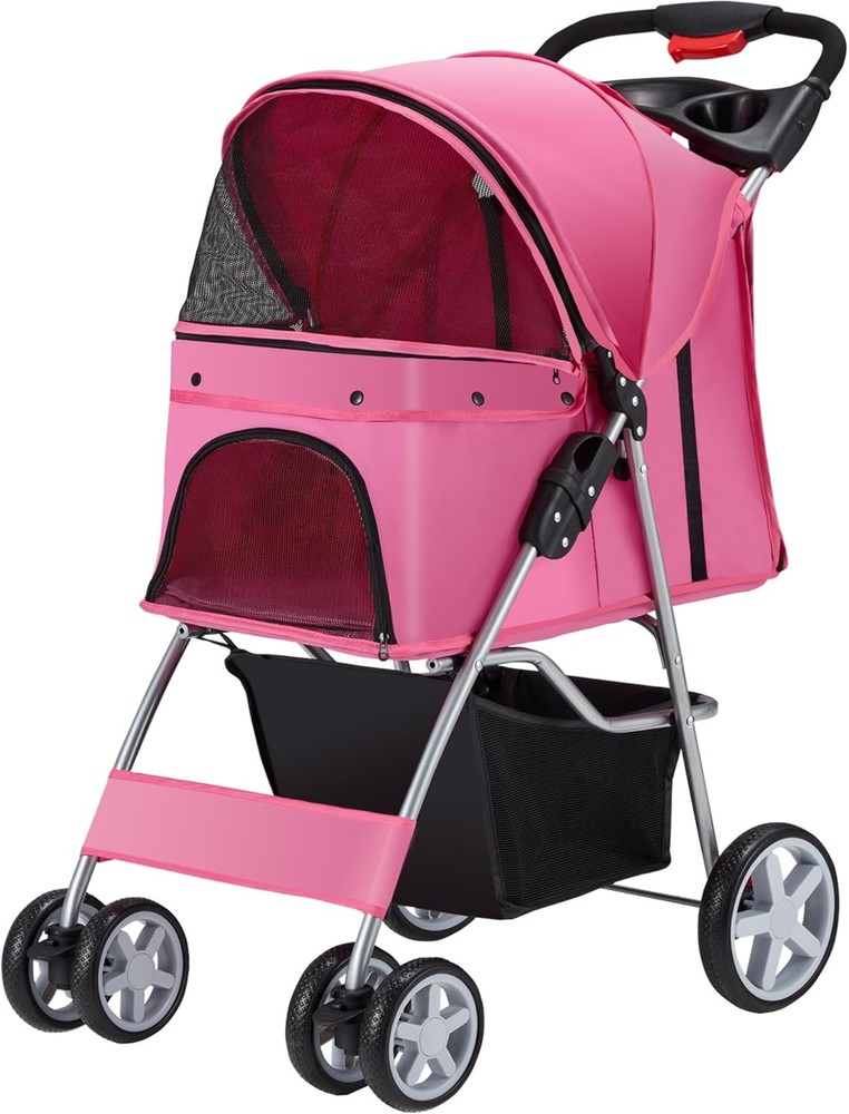 Foldable Pet Stroller 4 Wheels Strolling Cart for Medium/Small Dogs Cats
