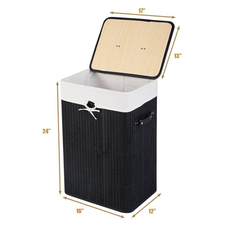 Pemberly Row Rectangle Bamboo Hamper Laundry Basket with Lid in Black