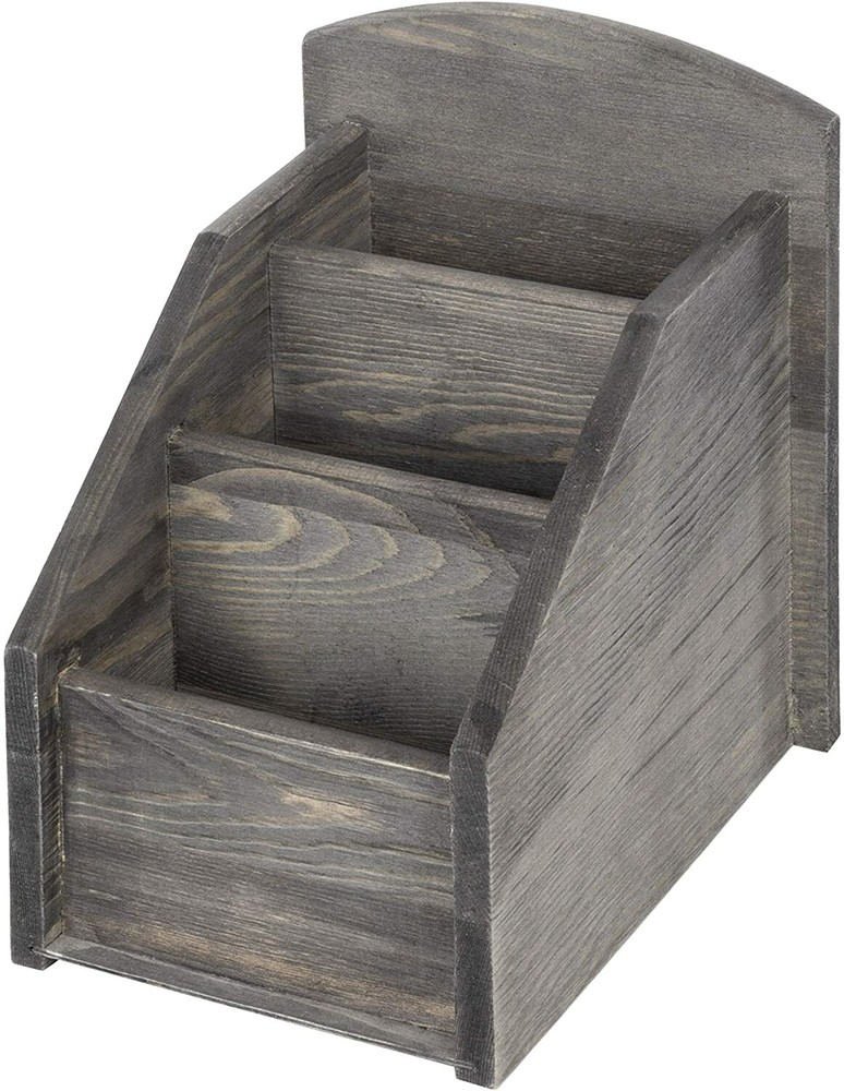 Rustic Dark Gray Solid Wood 3-Slot Remote Control Media Storage Organizer Caddy