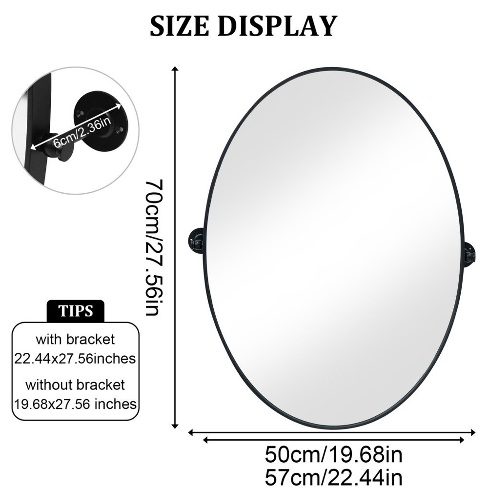 Matte Black Pivot Oval Mirror Wall Bathroom Mirror Tilting Horizontal / Vertical