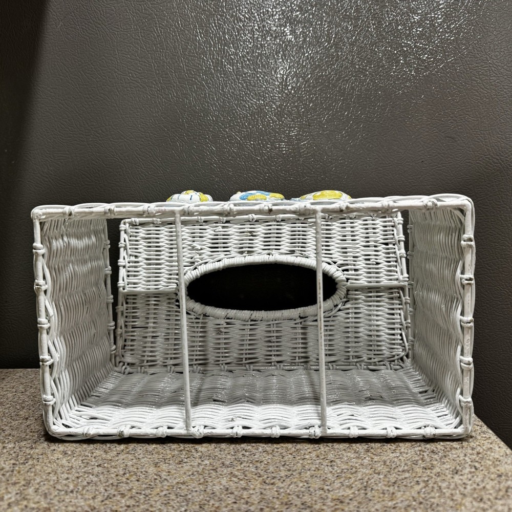 Vtg White Wicker Tissue Box Cover Rectangle Large Ceramic Tiles Shells EUC!