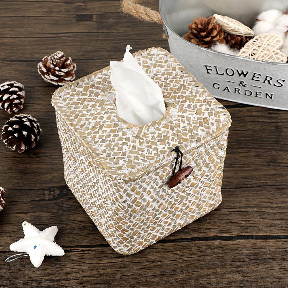 Tissue Cover Square Seagrass Tissue with Lid, Woven Tissue Holder Rustic Cube...