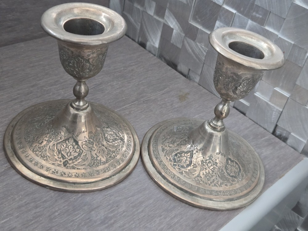 exceptional Antique Pair Of Middle Eastern Solid Silver Candle Holders