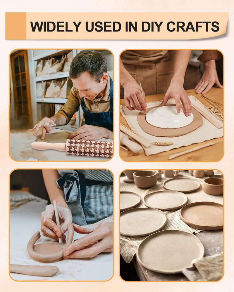 Clay Modeling Pattern Rollers Kit, Wooden Polymer Clay Texture Roller for Pot...