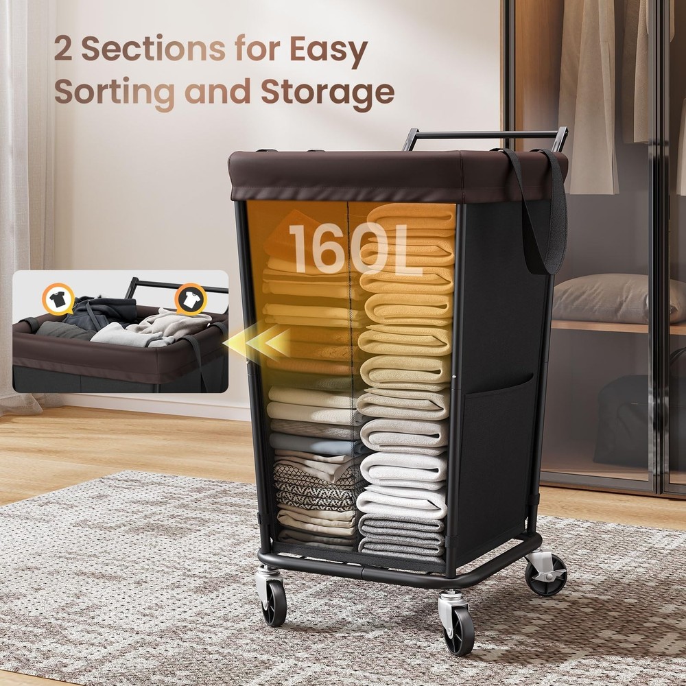 160L Laundry Hamper with Wheels and Handle, 2-Section Rolling Hamper for Laun...